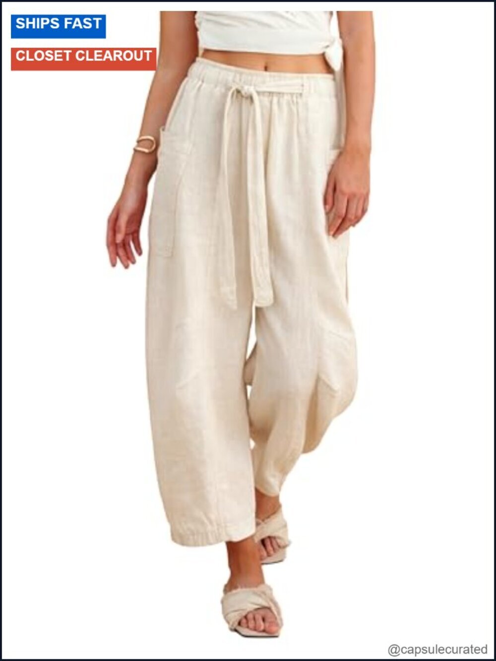 Cotton Linen Wide Leg High Waisted Drawstring Barrel Pants Casual Summer Beach